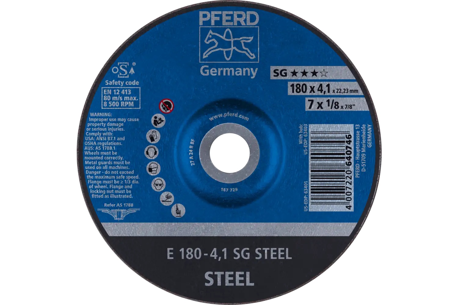 Picture of Pferd Grinding Wheel, 7" X 1/8 X 7/8, Sg Steel, T27, Aluminum Oxide